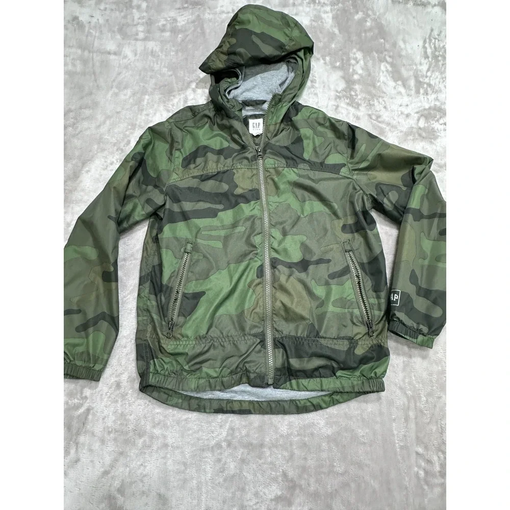 GAP Kids WIndbreaker Jacket Boys Size Large Camo Full Zip Hooded Lined Pockets